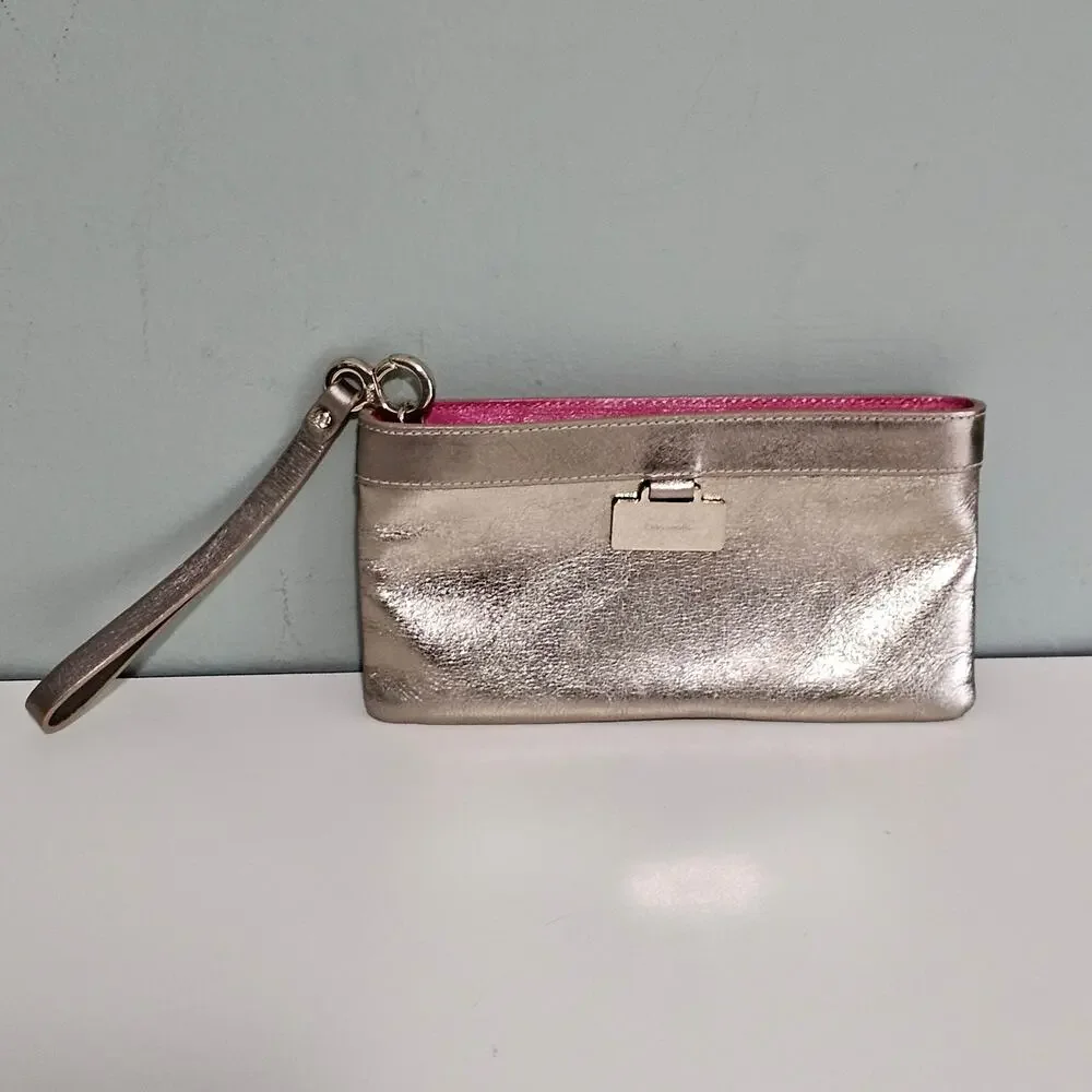 Kate Spade Zippered Christy Jane Street Gold Leather Hot Pink Wristlet Pouch